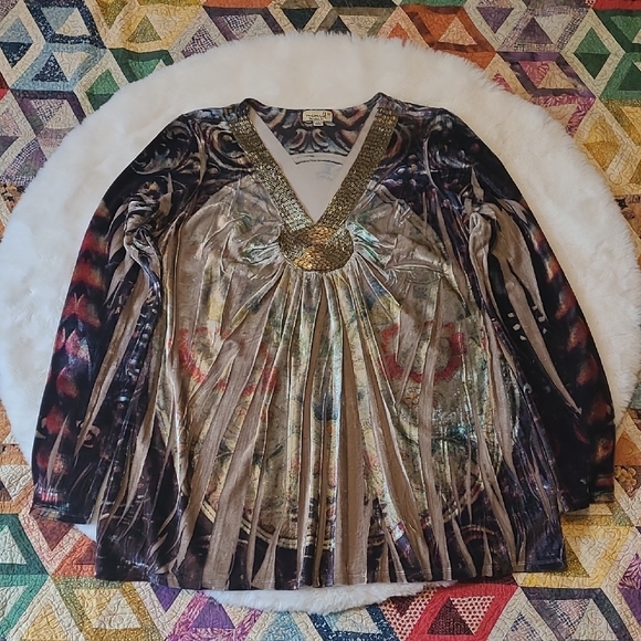 ONE WORLD Vibrant Multicolor Mixed Media Art To Wear Velvet Long Sleeve Top XL - Picture 1 of 11